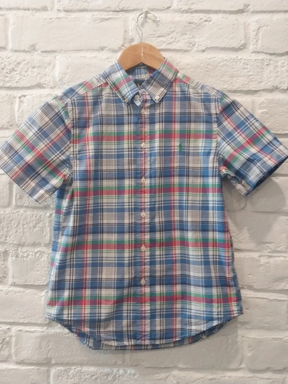 Ralph Lauren Button Up Shirt Boy 10-12 M Short Sleeve Blue Green Pink Plaid Pony